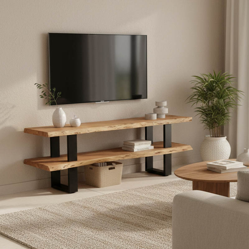 Fuji TV cabinet, solid acacia wood in a natural shade with black metal legs 140x40x52cm