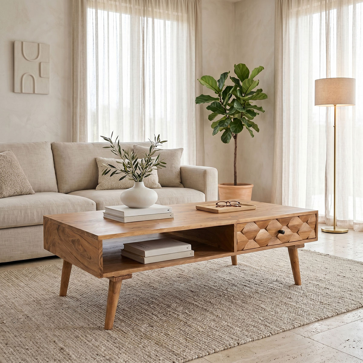 Coffee table Kaldio pakoworld solid acacia wood in natural color 120x60x40cm