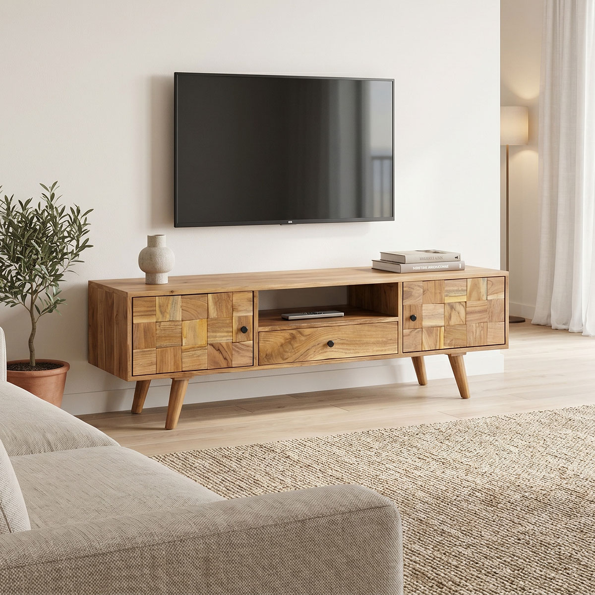 Tv stand Firpo pakoworld solid acacia wood in natural color 130x35x45cm