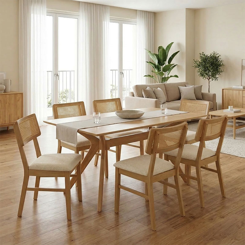 Raffles pakoworld dining set 7pcs rubberwood with pe rattan in natural color 150x90x76cm