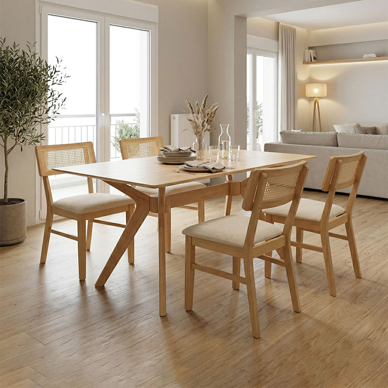 Raffles pakoworld dining set 5pcs rubberwood with pe rattan in natural color 150x90x76cm