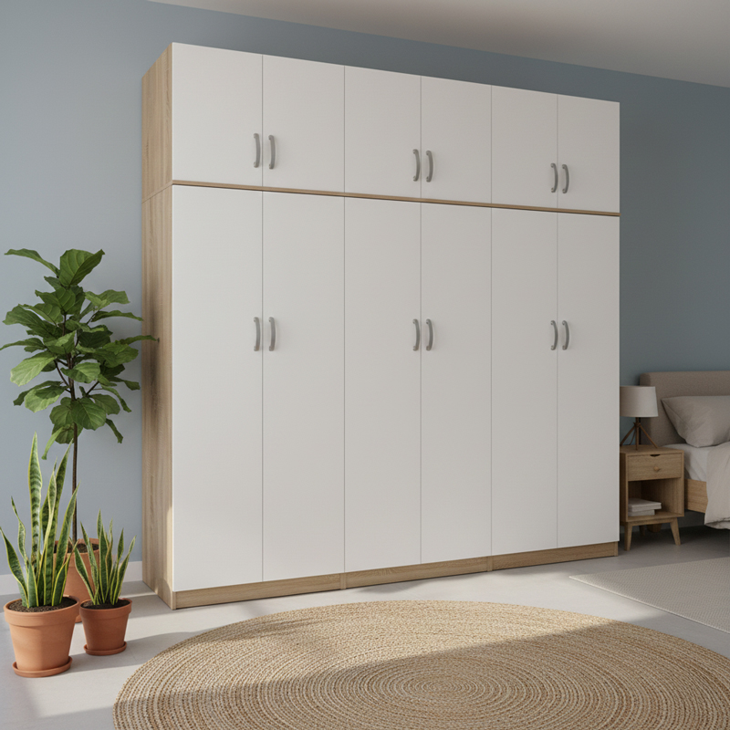 Six-door wardrobe with loft Athos II pakoworld sonoma-white 240x42x240cm