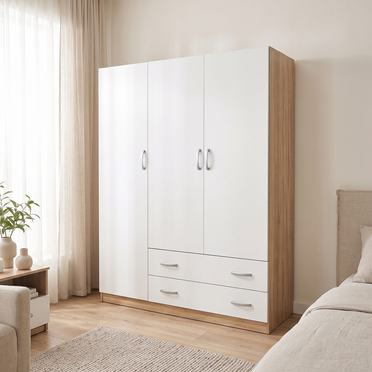 Three-leaf wardrobe with 2 drawers Alvia pakoworld white with sonoma 150x51x180cm