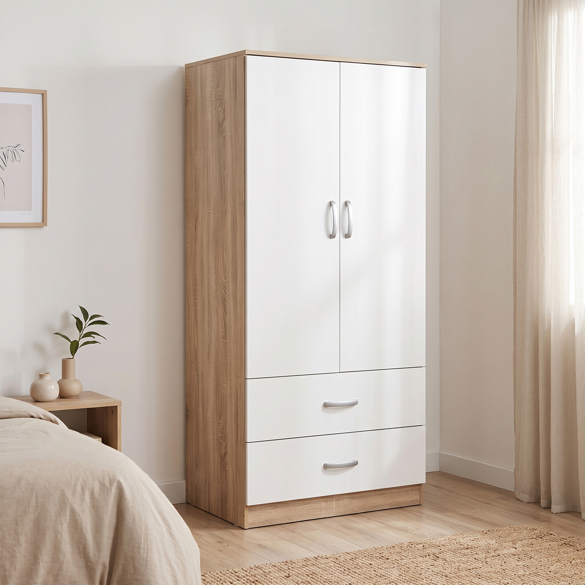 Double-leaf wardrobe with 2 drawers Alvia pakoworld white with sonoma 80x51.5x180cm