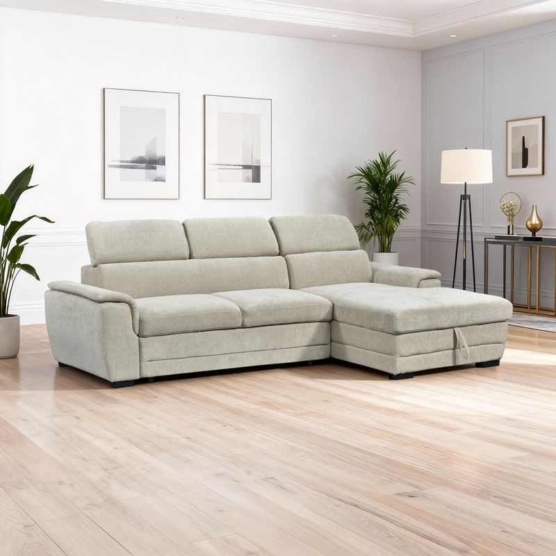 Dreamora left corner corner sofa bed with storage space beige fabric 270x167x82cm