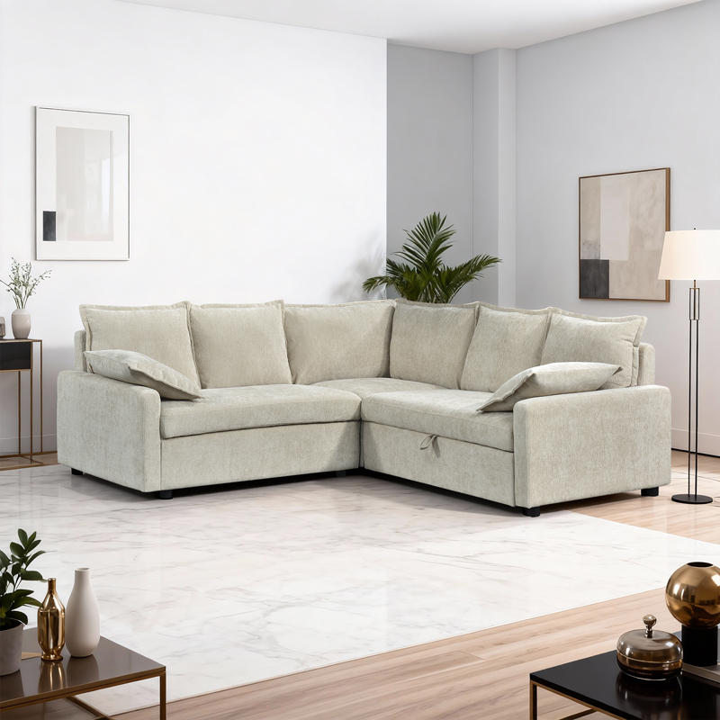 Corner sofa bed Lounivo beige fabric 215x215x84cm