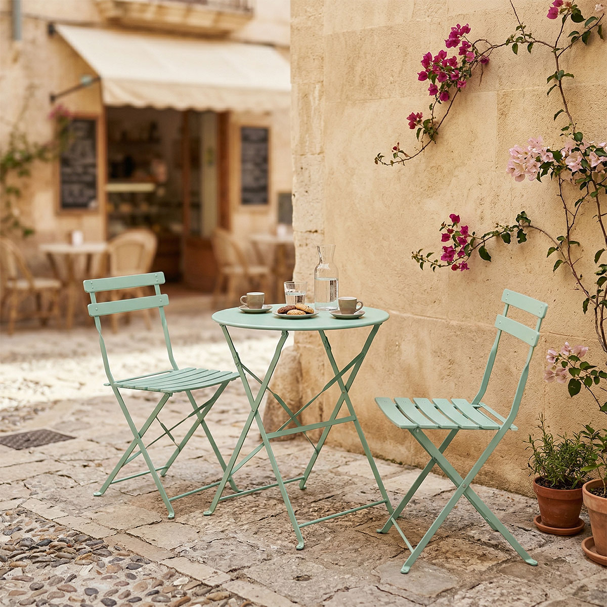 Bistro dining table set of 3 pieces, metal, foldable, mint color, Φ60x71cm