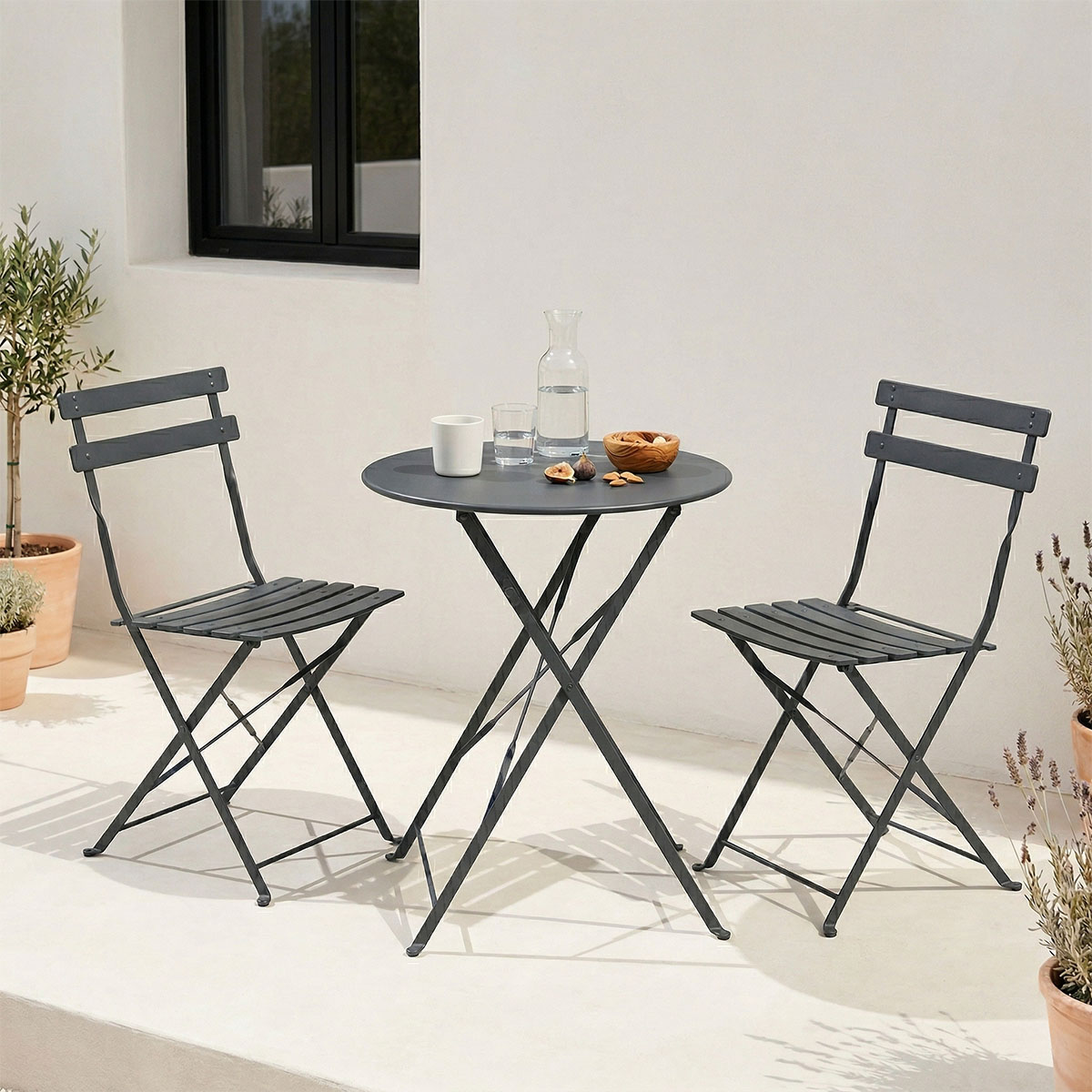 Bistro dining table set of 3 pieces, metal, foldable, anthracite color, Φ60x71cm