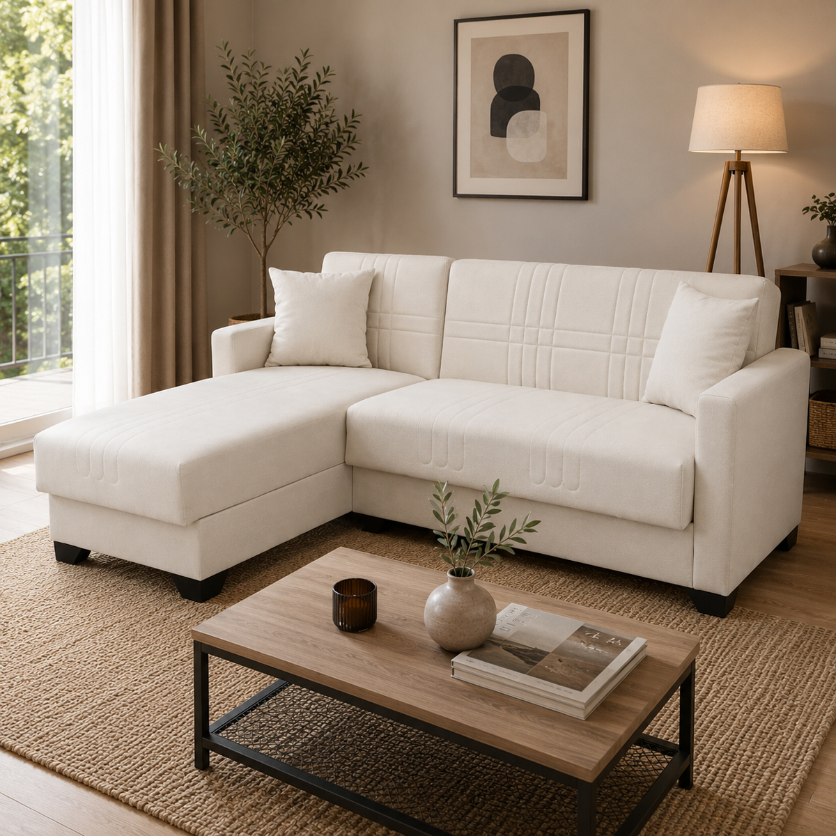 Corner sofa bed reversible with storage space Stashio pakoworld cream fabric 202x143x84cm