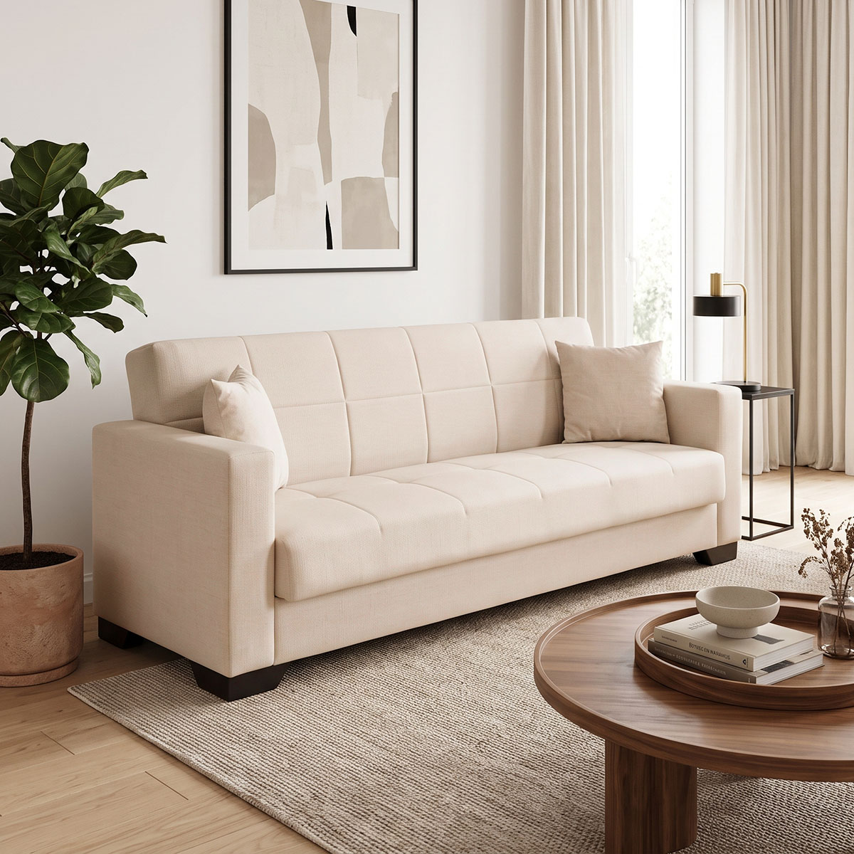 Vox Sofa bed pakoworld three seater with storage space beige fabric 210x84x83cm